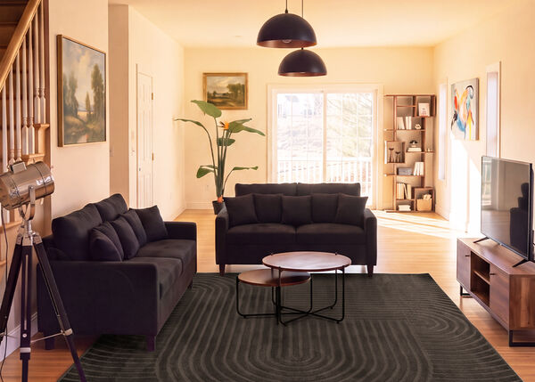 Moderne woonkamer met twee donkere banken, nesttafels, tv-meubel en groot vloerkleed in een lichte ruimte.