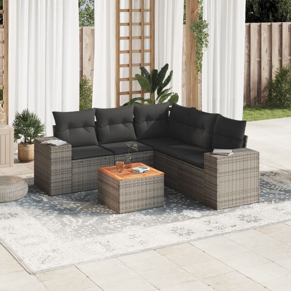 vidaXL 6-delige Loungeset met kussens poly rattan grijs