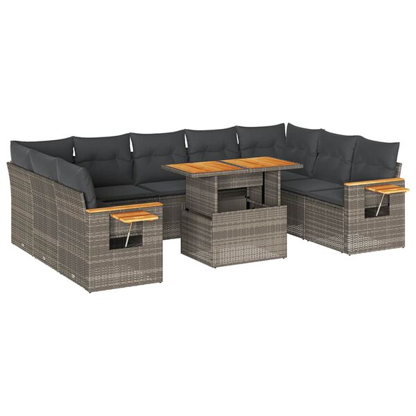 vidaXL 10-delige Loungeset met kussens poly rattan acacia grijs