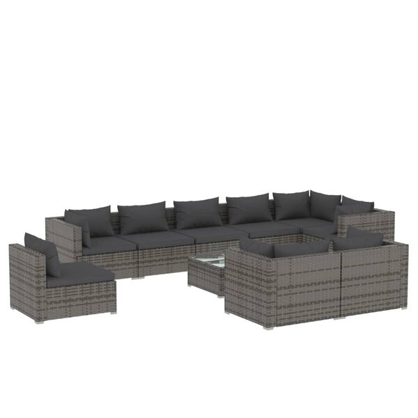 vidaXL 10-delige Loungeset met kussens poly rattan grijs