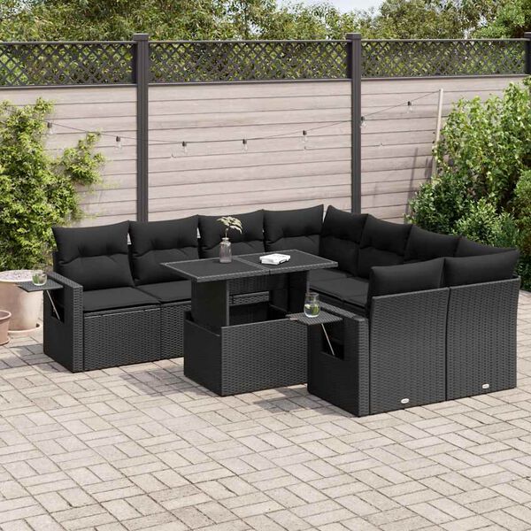 vidaXL 9-delige Loungeset met kussens poly rattan zwart