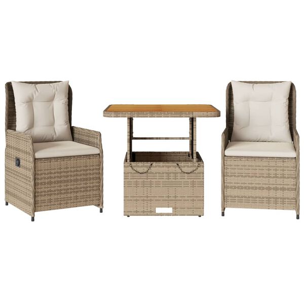 vidaXL 3-delige Bistroset met kussens poly rattan beige