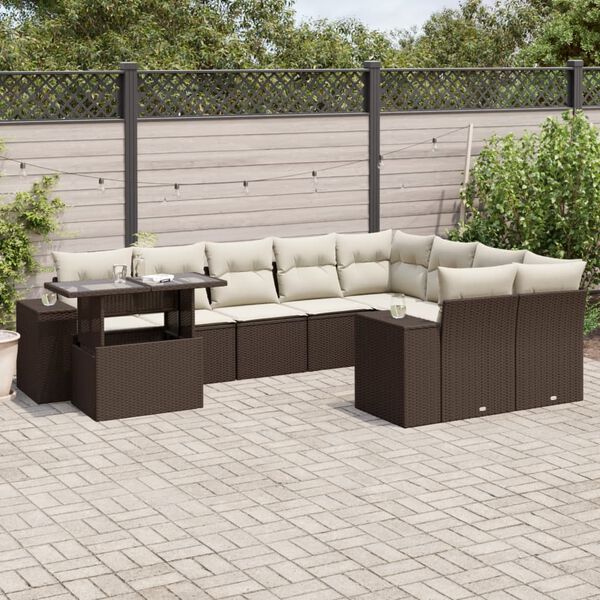 vidaXL 10-delige Loungeset met kussens poly rattan bruin