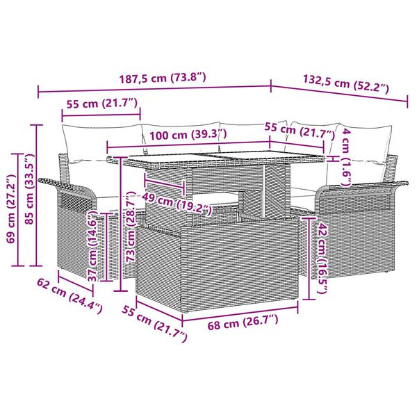vidaXL Tuin Sofa Set met kussen met opslag 5 pcs Beige Poly riet