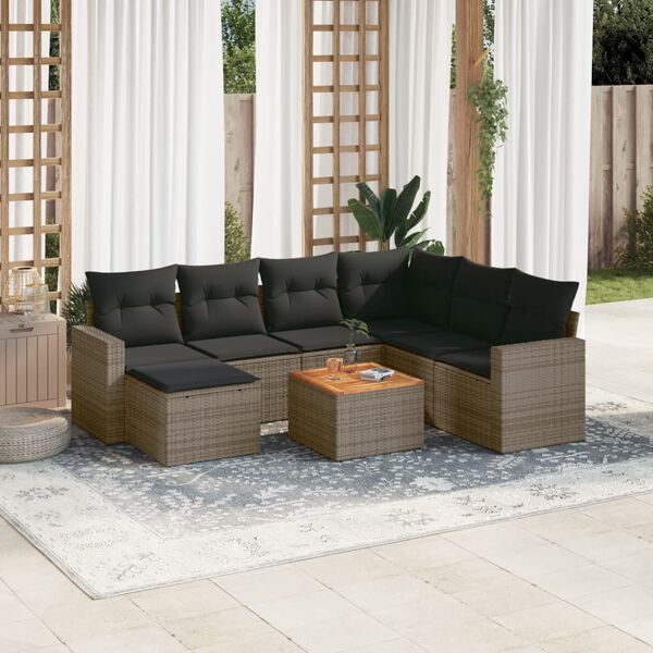 vidaXL 8-delige Loungeset met kussens poly rattan grijs