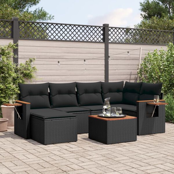 vidaXL 7-delige Loungeset met kussens poly rattan zwart
