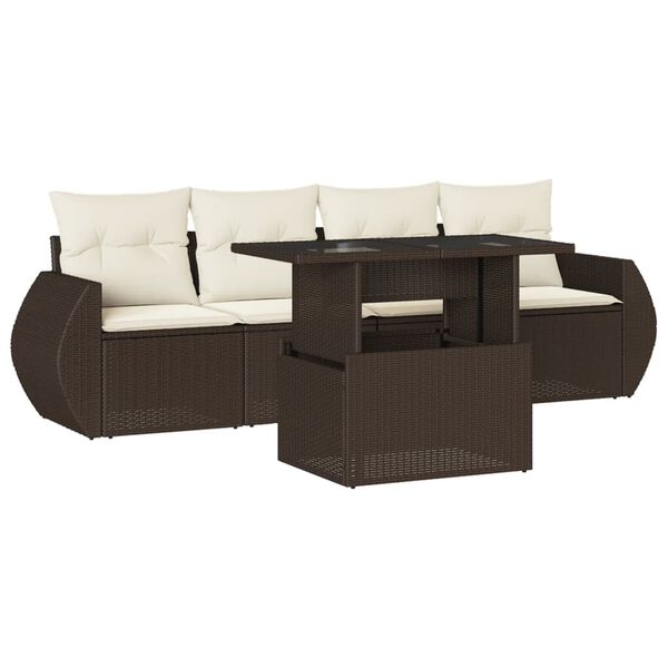 vidaXL 5-delige Loungeset met kussens poly rattan bruin