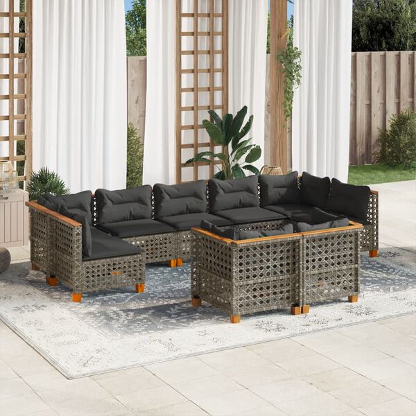 vidaXL 9-delige Loungeset met kussens poly rattan grijs