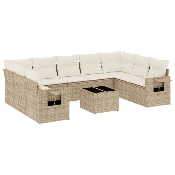 vidaXL 10-delige Loungeset met kussens poly rattan beige