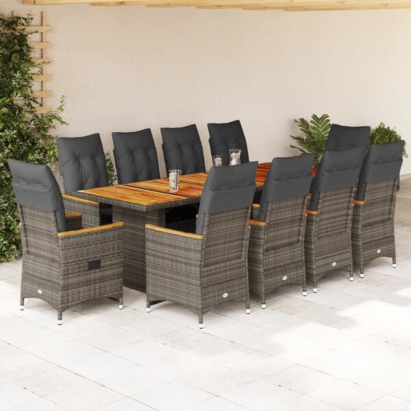 vidaXL 11-delige Bistroset met kussens poly rattan grijs