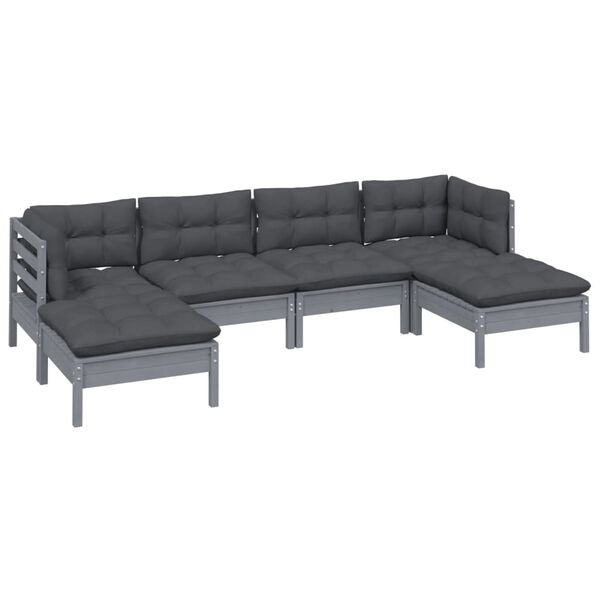 vidaXL 6-delige Loungeset met kussens grenenhout grijs