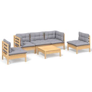 vidaXL 6-delige Loungeset met grijze kussens massief grenenhout