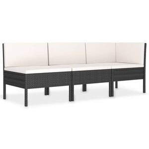 vidaXL 3-delige Loungeset met kussens poly rattan zwart