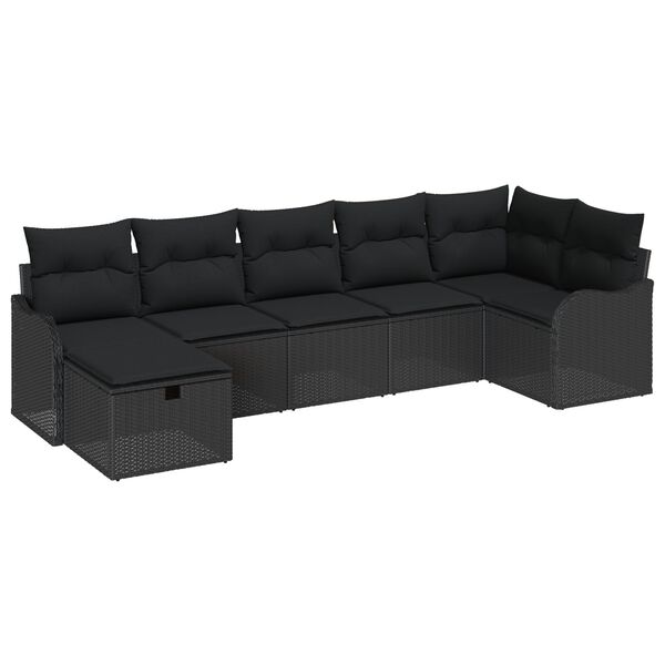 vidaXL Bankstel met kussen met opslag 7 pcs Zwart poly rattan