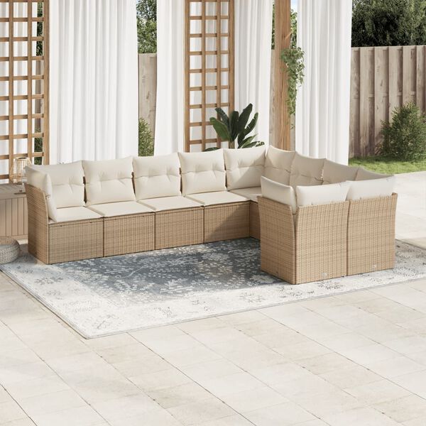 vidaXL 9-delige Loungeset met kussens poly rattan beige
