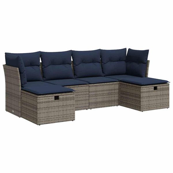 vidaXL 6-delige Loungeset met kussens poly rattan grijs