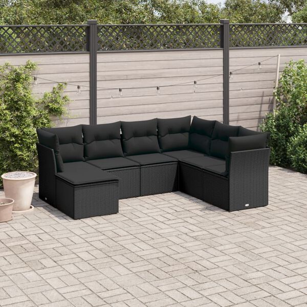 vidaXL 7-delige Loungeset met kussens poly rattan zwart