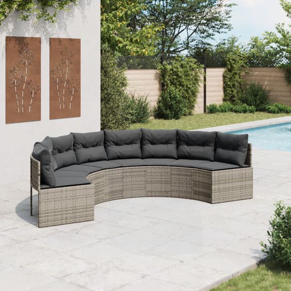vidaXL Tuinbank met kussens halfrond poly rattan grijs