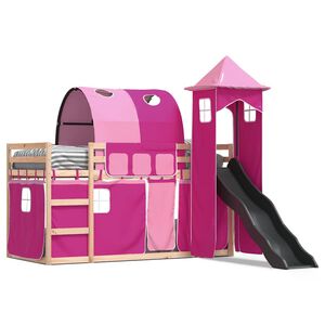 vidaXL Stapelbed met glijbaan en gordijnen roze 80x200 cm