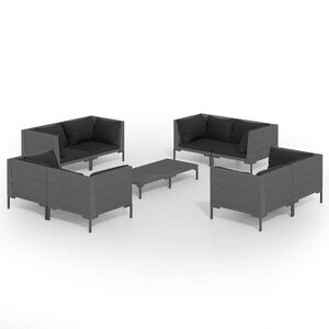 vidaXL 9-delige Loungeset met kussens poly rattan donkergrijs