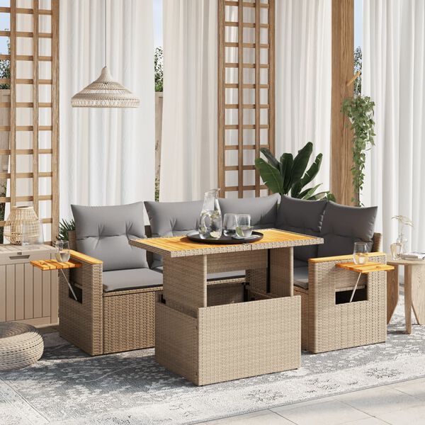 vidaXL 5-delige Loungeset met kussens poly rattan beige