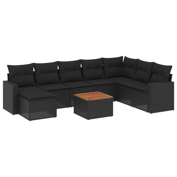 vidaXL 9-delige Loungeset met kussens poly rattan zwart