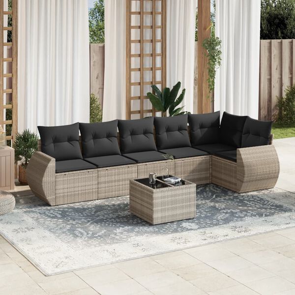 vidaXL 7-delige Loungeset met kussens poly rattan lichtgrijs