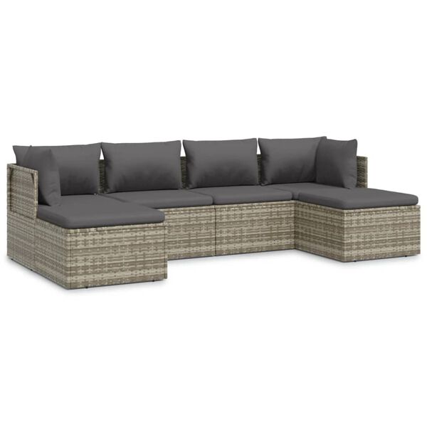 vidaXL 6-delige Loungeset met kussens poly rattan grijs