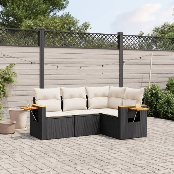vidaXL 4-delige Loungeset met kussens poly rattan zwart