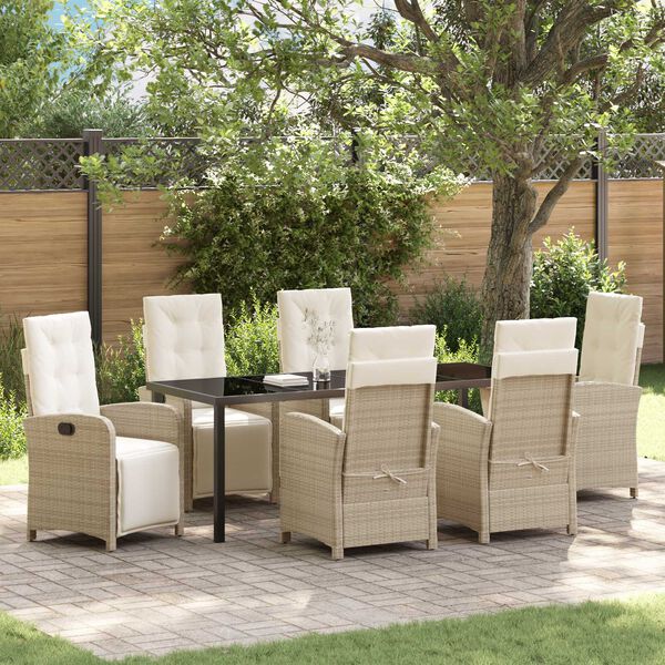 vidaXL Tuin eettafelset met kussen 7 pcs Beige poly rattan