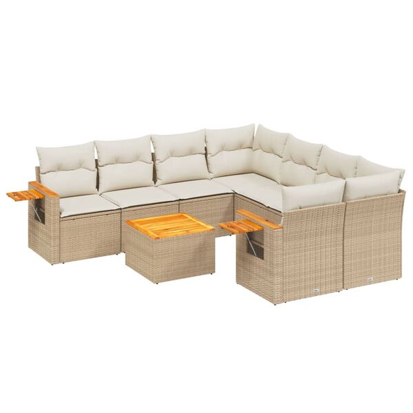 vidaXL 9-delige Loungeset met kussens poly rattan beige