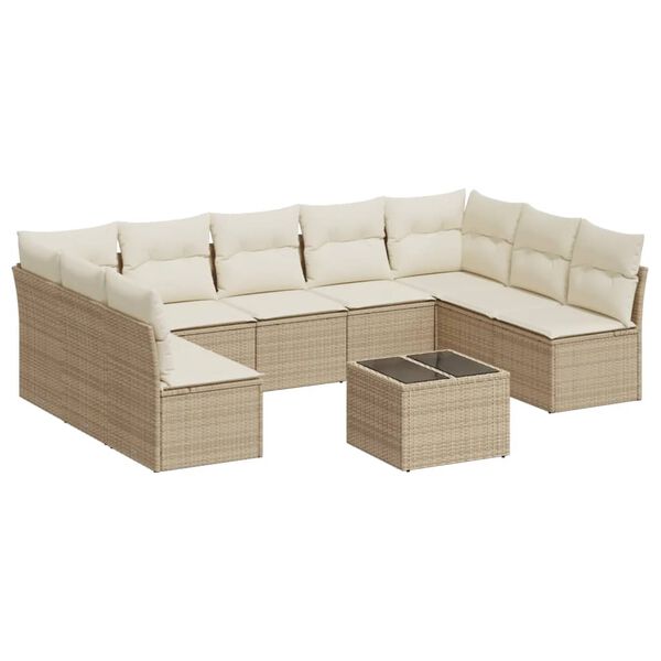 vidaXL 10-delige Loungeset met kussens poly rattan beige