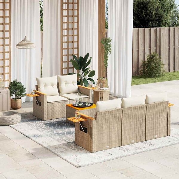 vidaXL 6-delige Loungeset met kussens poly rattan beige