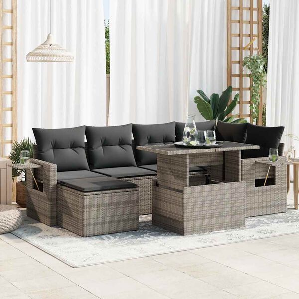 vidaXL 7-delige Loungeset met kussens poly rattan grijs