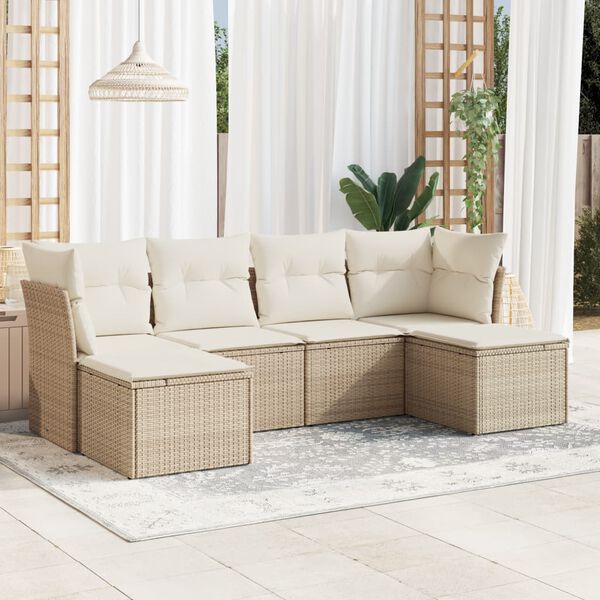 vidaXL 6-delige Loungeset met kussens poly rattan beige