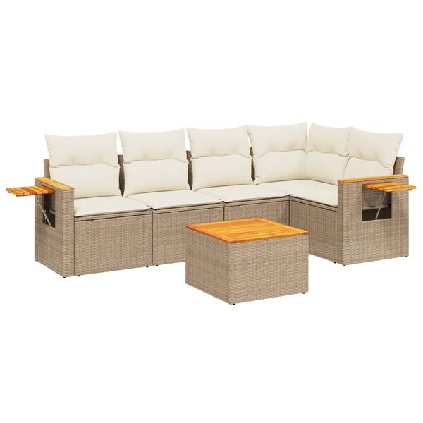 vidaXL 6-delige Loungeset met kussens poly rattan beige