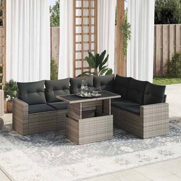 vidaXL 7-delige Loungeset met kussens poly rattan grijs