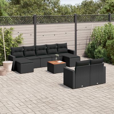 vidaXL 10-delige Loungeset met kussens poly rattan zwart