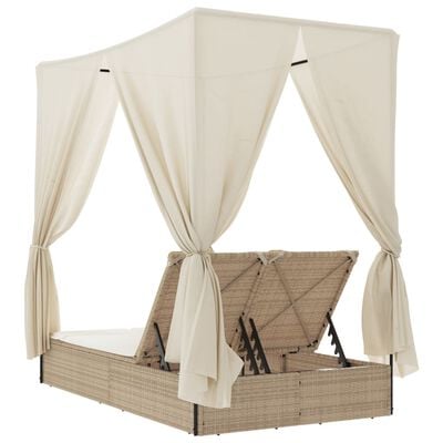 vidaXL Ligbed tweepersoons met dak en gordijn poly rattan beige