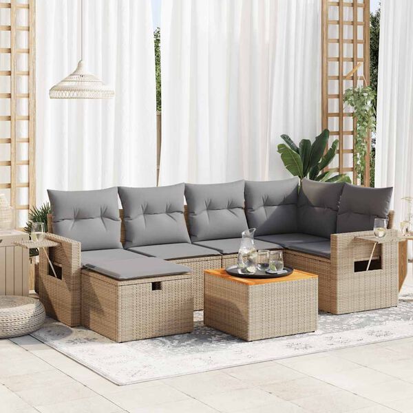 vidaXL 7-delige Loungeset met kussens poly rattan beige