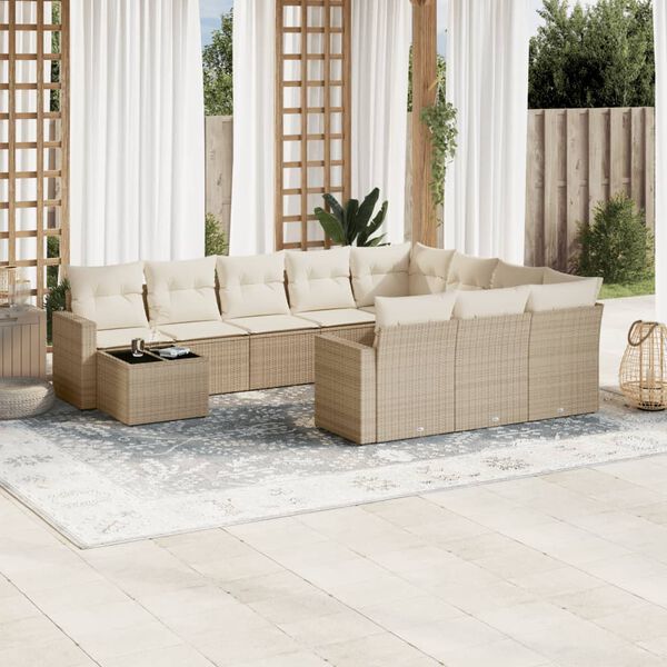 vidaXL 11-delige Tuinset met kussens poly rattan beige