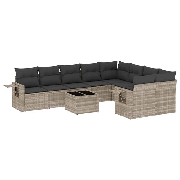 vidaXL 10-delige Loungeset met kussens poly rattan lichtgrijs