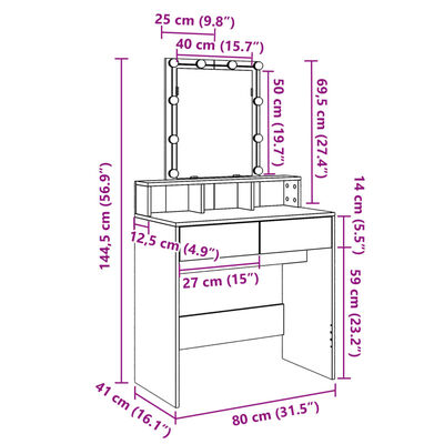 vidaXL Kaptafel met LED 80x41x144,5 cm sonoma eikenkleurig