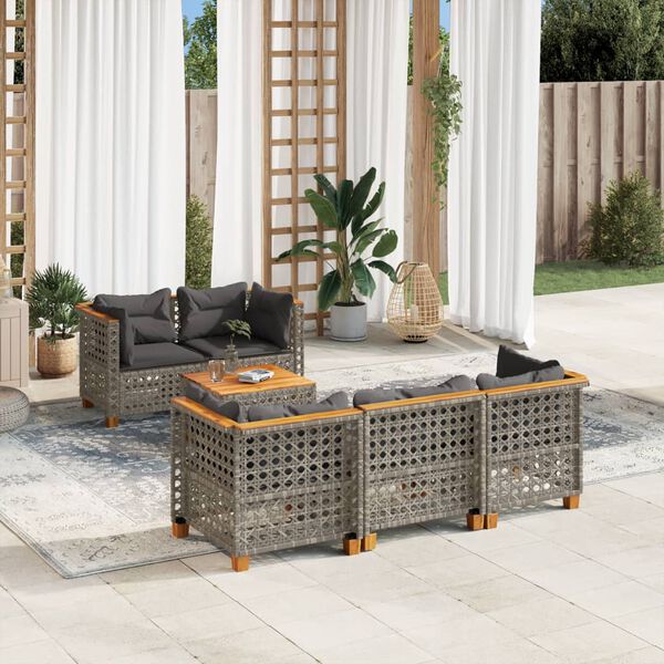 vidaXL 6-delige Loungeset met kussens poly rattan grijs