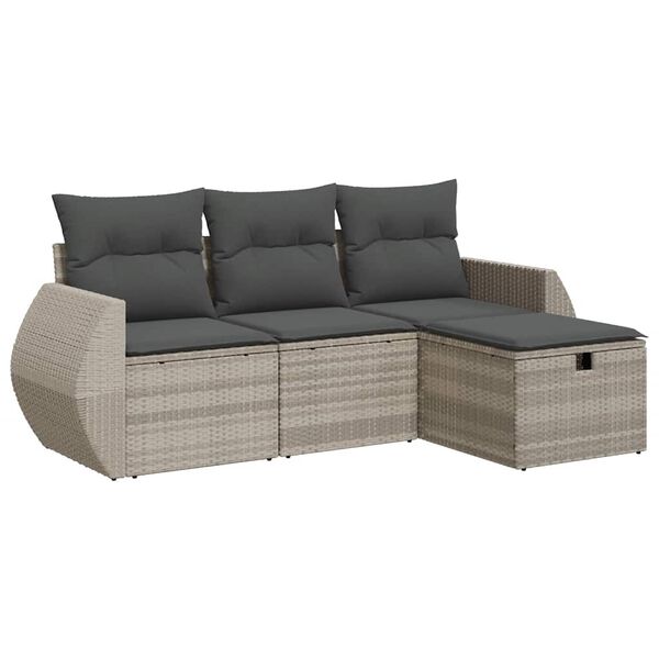 vidaXL 4-delige Loungeset met kussens poly rattan lichtgrijs