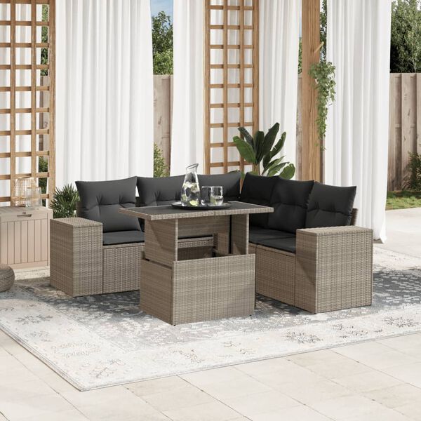 vidaXL 6-delige Loungeset met kussens poly rattan lichtgrijs