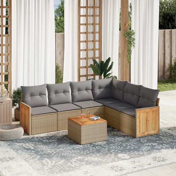 vidaXL 7-delige Loungeset met kussens poly rattan beige