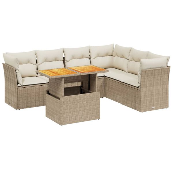 vidaXL 7-delige Loungeset met kussens poly rattan beige