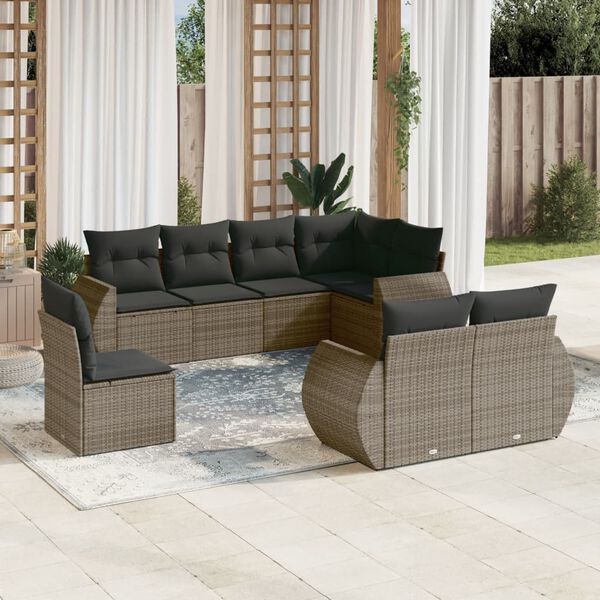 vidaXL 8-delige Loungeset met kussens poly rattan grijs