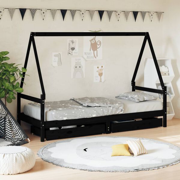vidaXL Kinderbedframe met lades 90x200 cm massief grenenhout zwart